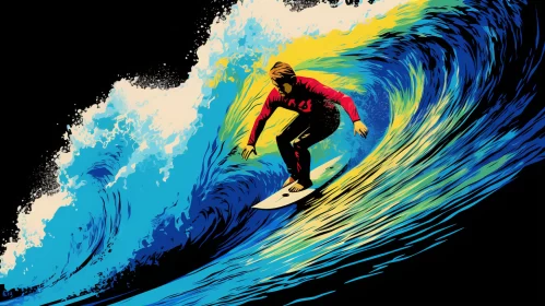 Dynamic Image of Surfer Riding High Wave, Graphic Bold Aesthetic, Vibrant Color Usage with High Reso AI Image