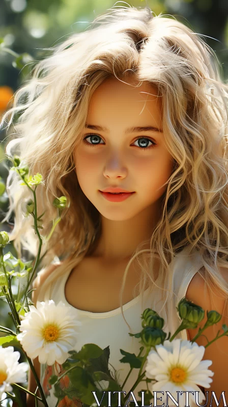 Innocence in Bloom: A Photorealistic Portrait of a Girl with Flowers AI Image