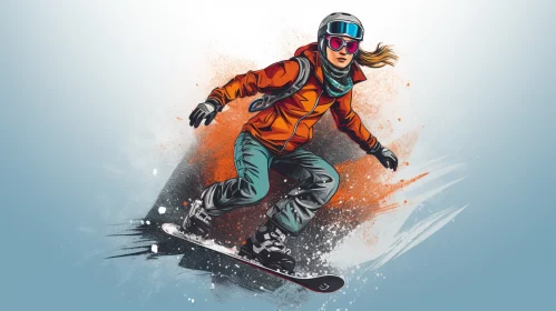 Mixed Media Illustration of Female Snowboarder in Action AI Image