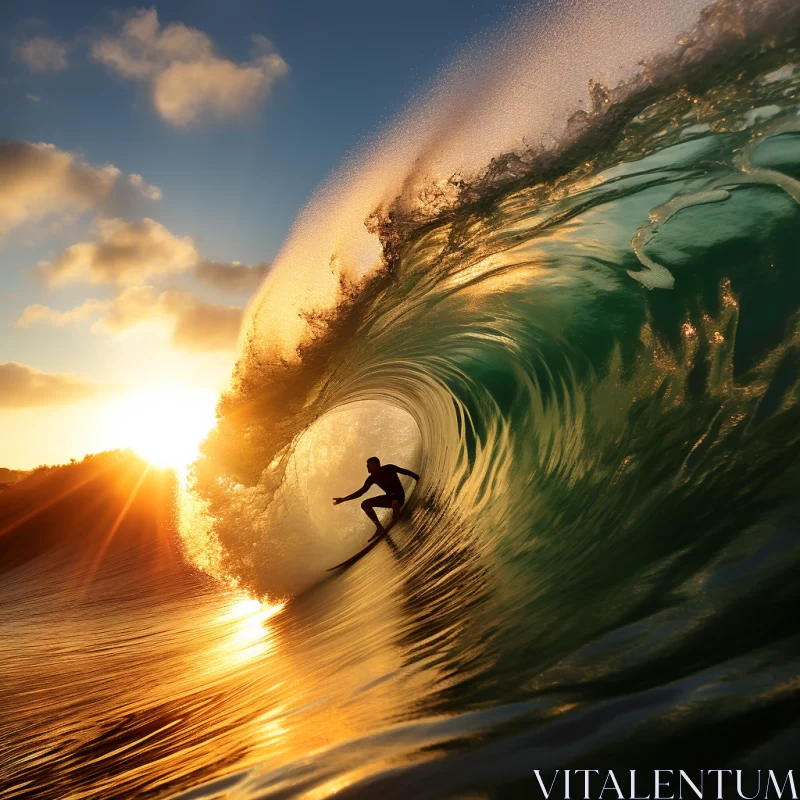 Surfer Riding Mammoth Wave in Sunset: A Dramatic Interplay of Light and Shadow with Cleancore Aesthe AI Image