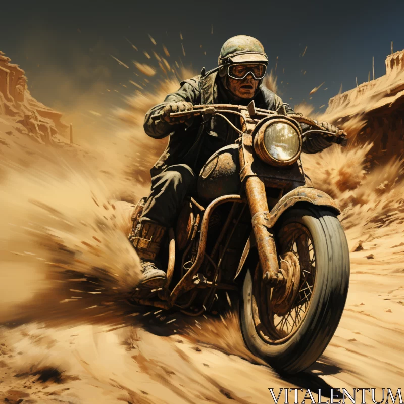 Vintage Motorcyclist in Desert Terrain - Autopunk & Precisionist Fusion AI Image