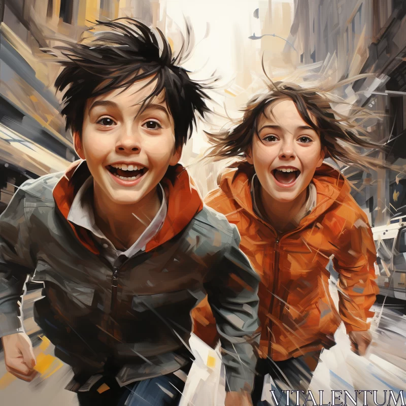 Children Running Across City: A Study in Realistic Portraiture AI Image
