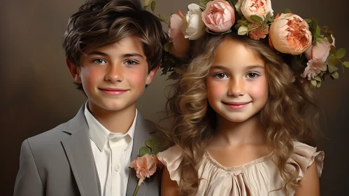 Classic Portrayal of Children in Floral Crowns AI Image
