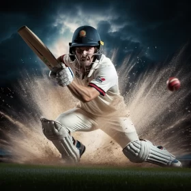 Cricket Player in Powerful Swing against Stark Black Backdrop AI Image