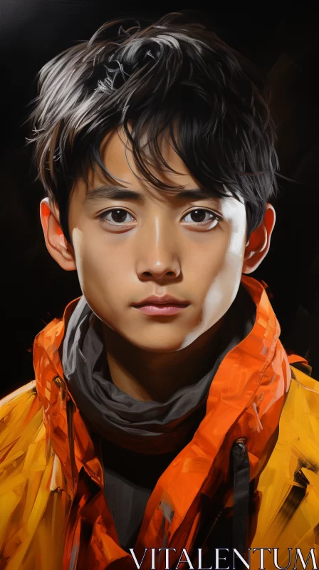 Digital Gongbi Style Painting of a Young Man in Orange Jacket AI Image