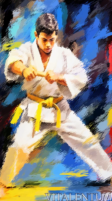 Dynamic Martial Artist Mid-Karate Kick Digital Artwork with Intense Colors and Impasto Texture AI Image