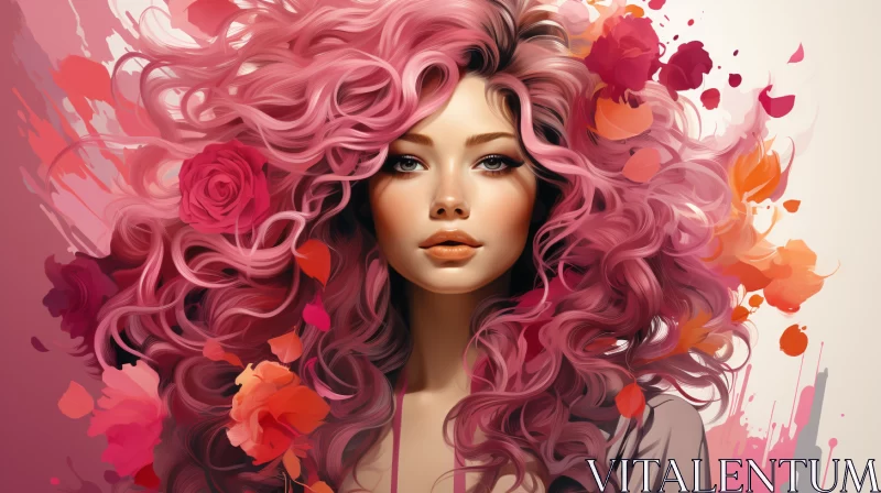Fantasy-Inspired Floral Woman Portrait in Rich Pink Tones AI Image