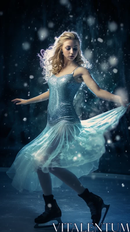 AI ART Ice Queen in Blue Dress on Snowy Rink under Ethereal Lighting