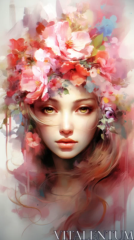 Illustrative Painting of Girl in Floral Crown AI Image
