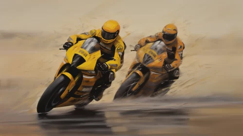 8K Speedpaint of Thrilling Motorcycle Race on Desert Wave AI Image