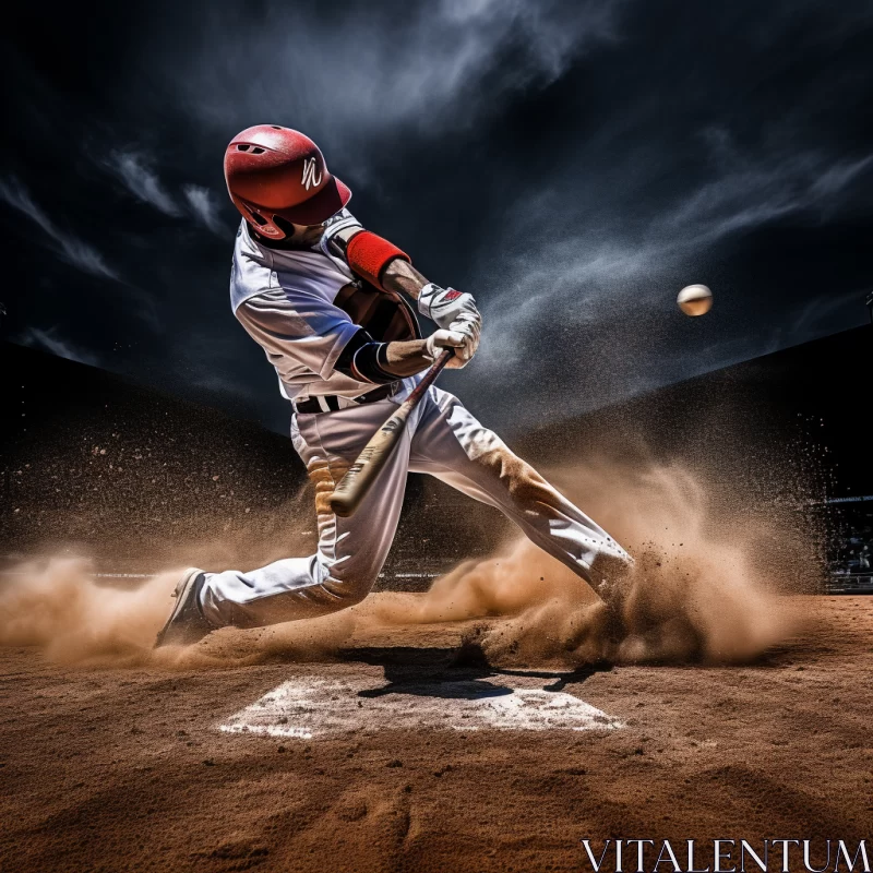 Baseball Player Primed to Swing in Spotlight on Dirt Field AI Image
