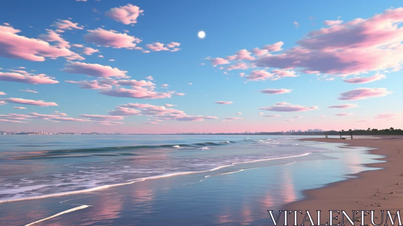 Dreamy Beach Scene with Pink Hues and Moonlit Sky AI Image