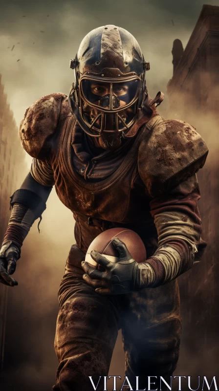 Football Player Sprinting in Apocalyptic Cityscape AI Image