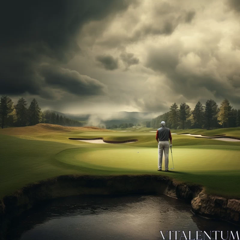 Golfer on Vibrant Green Field with Majestic Waterfall Horizon AI Image