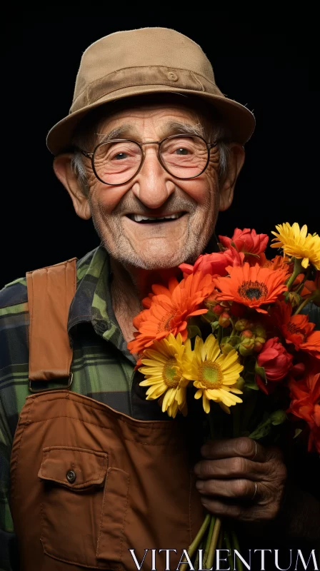Joyful Elderly Man with Flowers: A Softbox Lit Portrait AI Image