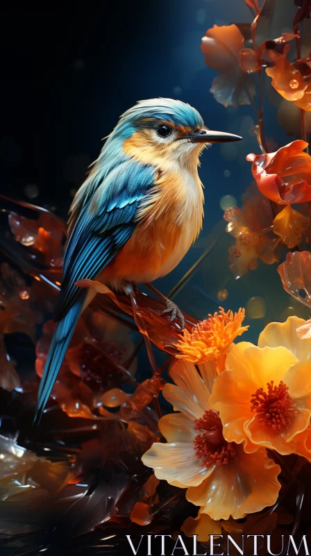 Captivating Blue and Orange Bird Perched on Vibrant Flower - A Photorealistic Fantasy Artwork AI Image