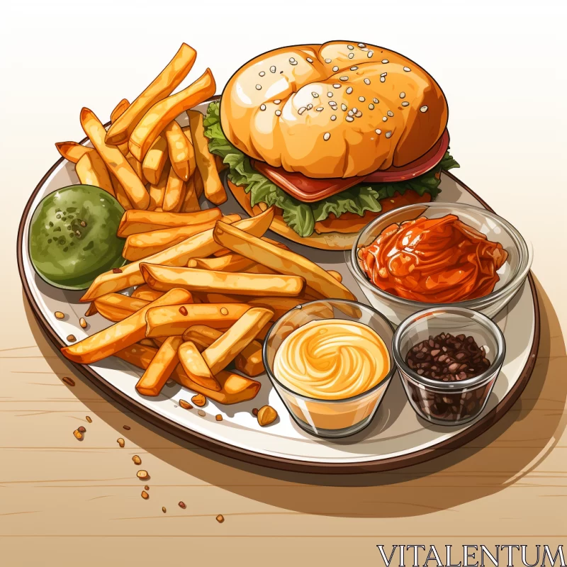 Food Art: Detailed Burger and Fries Illustration AI Image