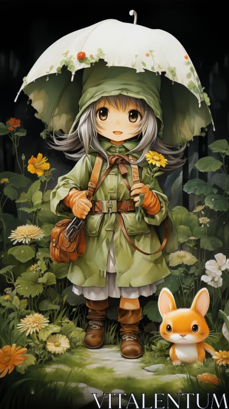 AI ART Anime Character with Umbrella in Nature - Amber and Silver Tones
