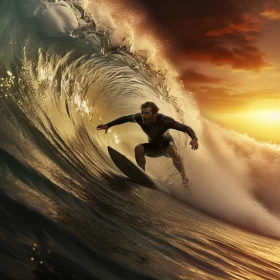 Dramatic Sunset Surfing Image, Aquatic Athleticism Captured in Chiaroscuro Lighting, Rich Color Grad AI Image