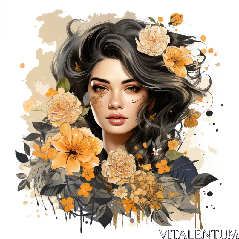 Fantasy Realism Portrait of Tattooed Woman Amid Digital Floral Splatter AI Image