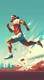 Geometric Marathon Runner in Vibrant Landscape AI Image