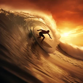 Stunning Vision of Surfer Amidst Gargantuan Wave Under Fiery Sky in Hyperrealistic Photobashing Art AI Image