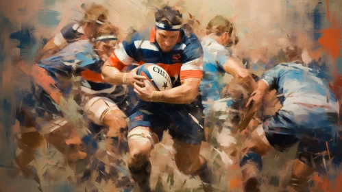 Vivid Oil Painting of Intense Rugby Match in Light-Orange and Dark-Blue Tones AI Image