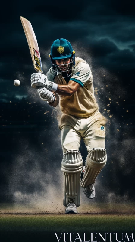 AI ART Photorealistic Cricket Player in Mid-Swing against Abstract Backdrop