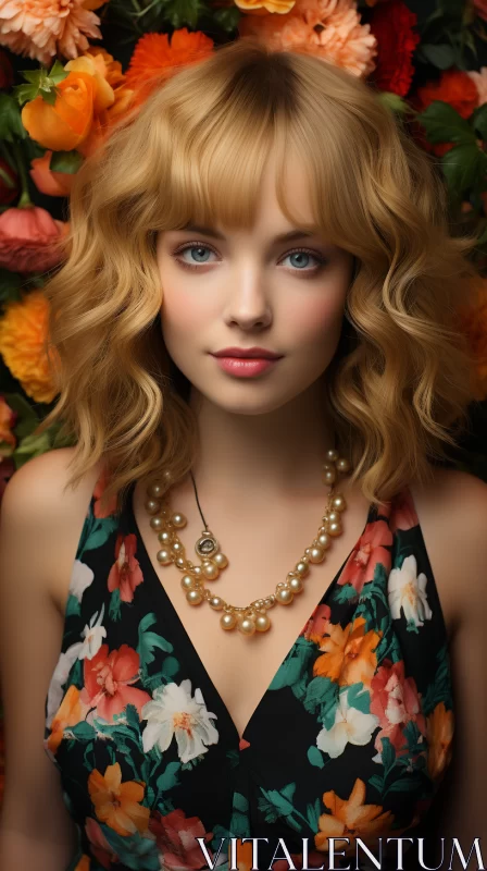 Blonde Woman with Flowers in Modern Jewelry Style AI Image