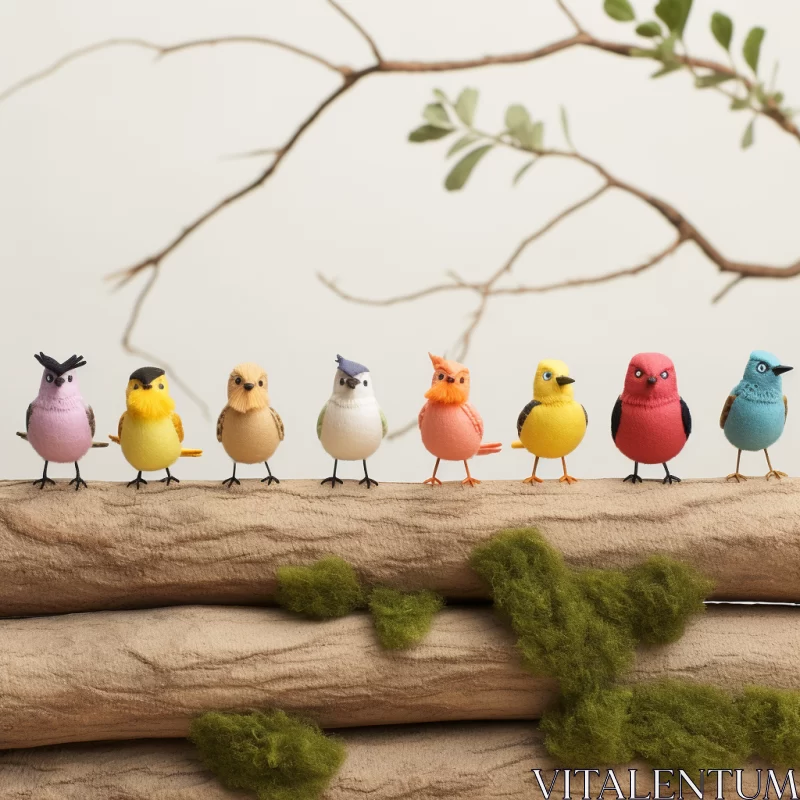 Miniature Bird Figurines on Log: Playful Danish Design with Whimsical Aesthetics AI Image