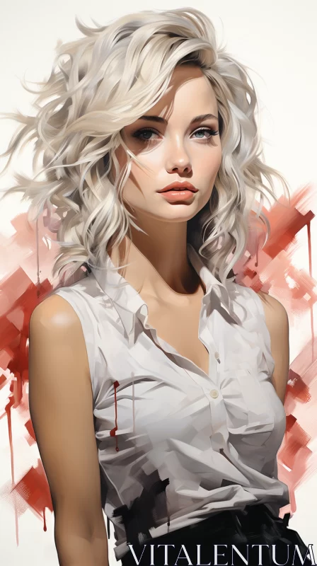 Pensive Blonde Woman in Ultra-Realistic Digital Painting with Barbiecore Elements AI Image