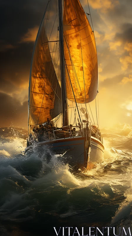 Photorealistic Storybook Illustration of Sailboat in Stormy Seas AI Image