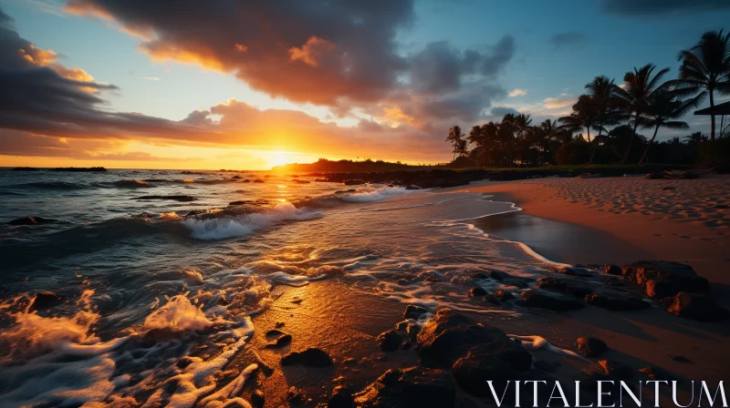 Sunrise Over Ocean on Maui Beach with Silhouetted Palm Trees AI Image