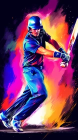 Vibrant Mural of Cricket Player in Action with Abstract Art and Electric Color Scheme AI Image