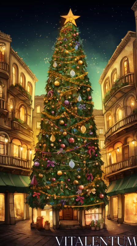 Whimsical Anime Christmas Tree in Old City New York AI Image