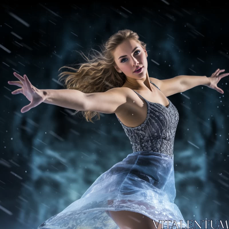 Dynamic Figure Skater Image in Rain-filled Cinematic Studio AI Image