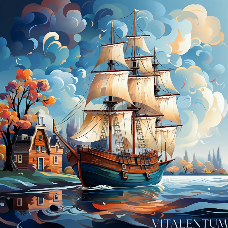 Neo-Romantic Dutch Sail Ship in Tranquil Bay AI Image