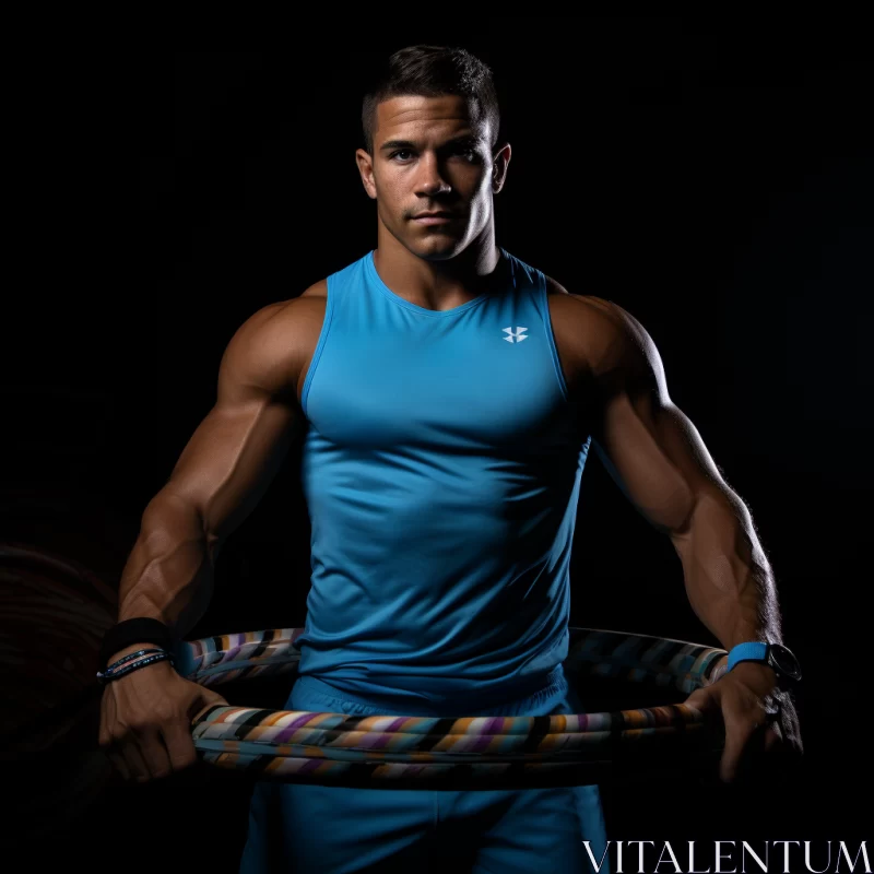 Youthful Fitness Model in Sportswear with Gym Hoop against Cyan Backdrop AI Image
