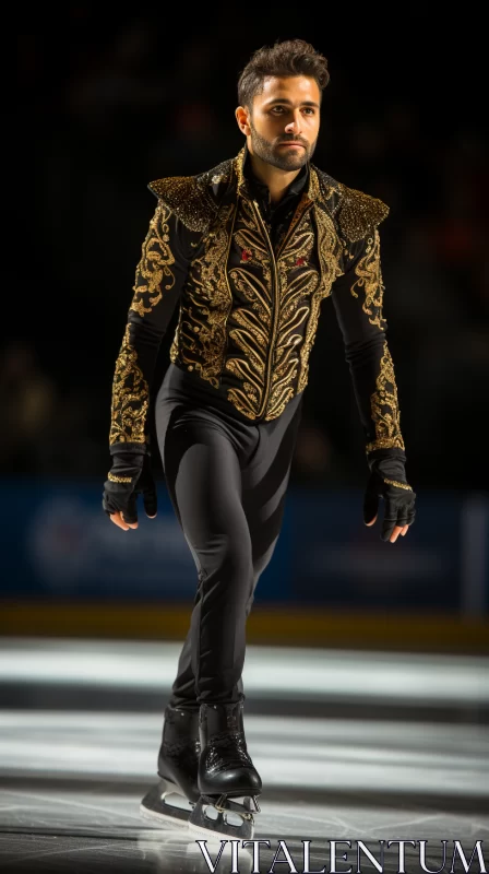 AI ART Elegant Male Figure Skater in Gold and Black Costume Performing on Ice
