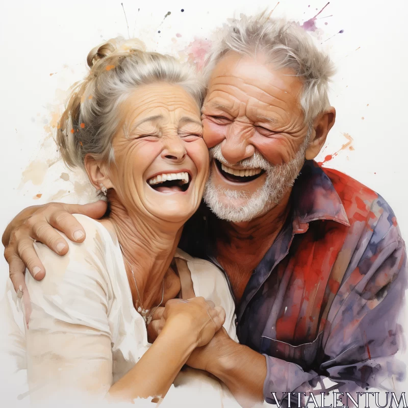 Joyful Watercolor Portrait of a Senior Couple AI Image