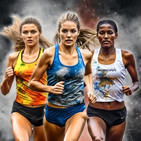 Surreal Photomontage of Determined Female Athletes in Colorful Long-Distance Race AI Image