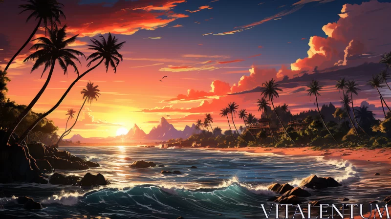 Tropical Sunset Over Vast Ocean with Exotic Island View AI Image