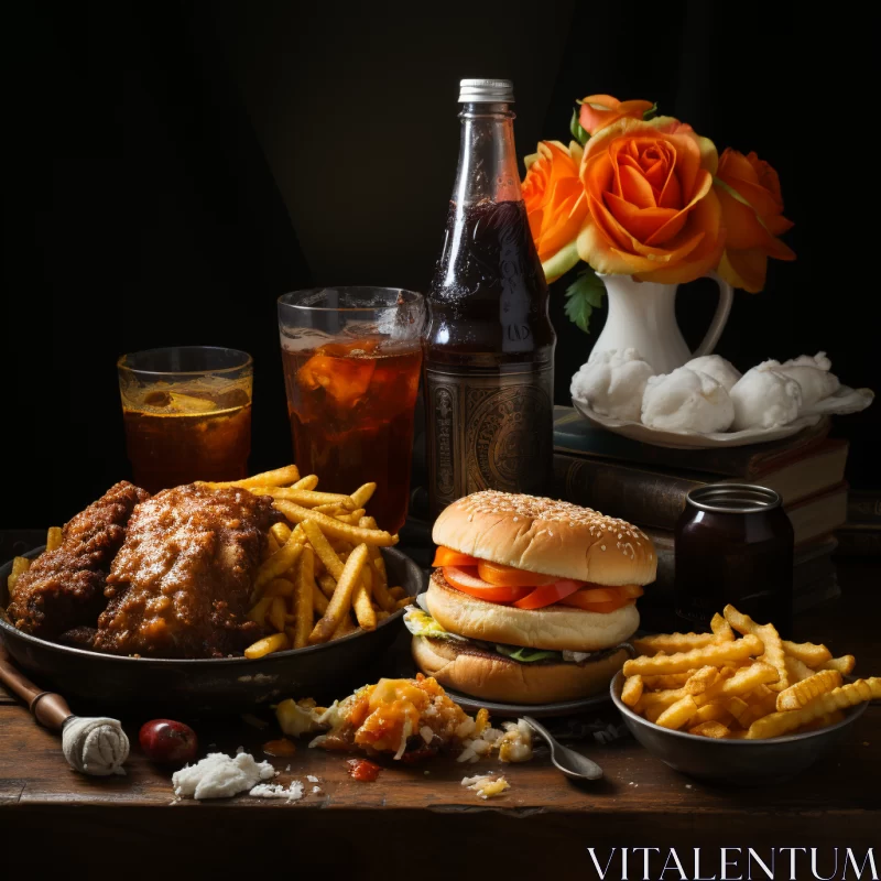 AI ART Vintage Still Life: Food Table in Dark Amber and Orange