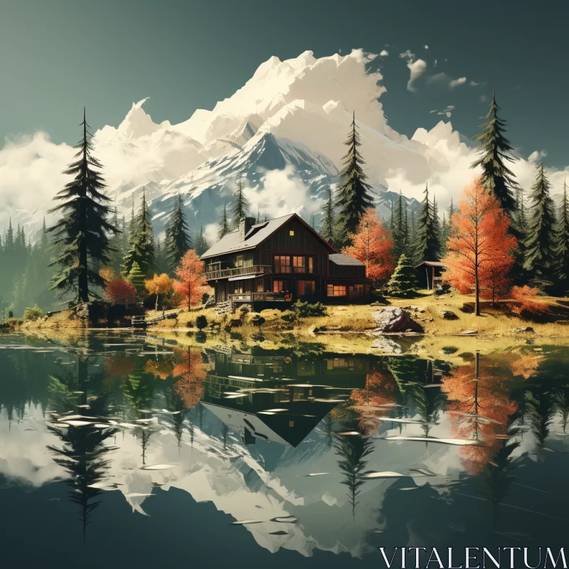 Autumnal Precisionist Art of Quaint Cabin by Serene Lake AI Image