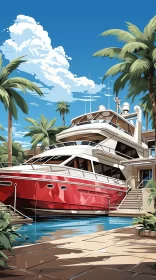 Bold Red Luxury Yacht with Pop-Art Interior Anchored in Tropical Locale AI Image