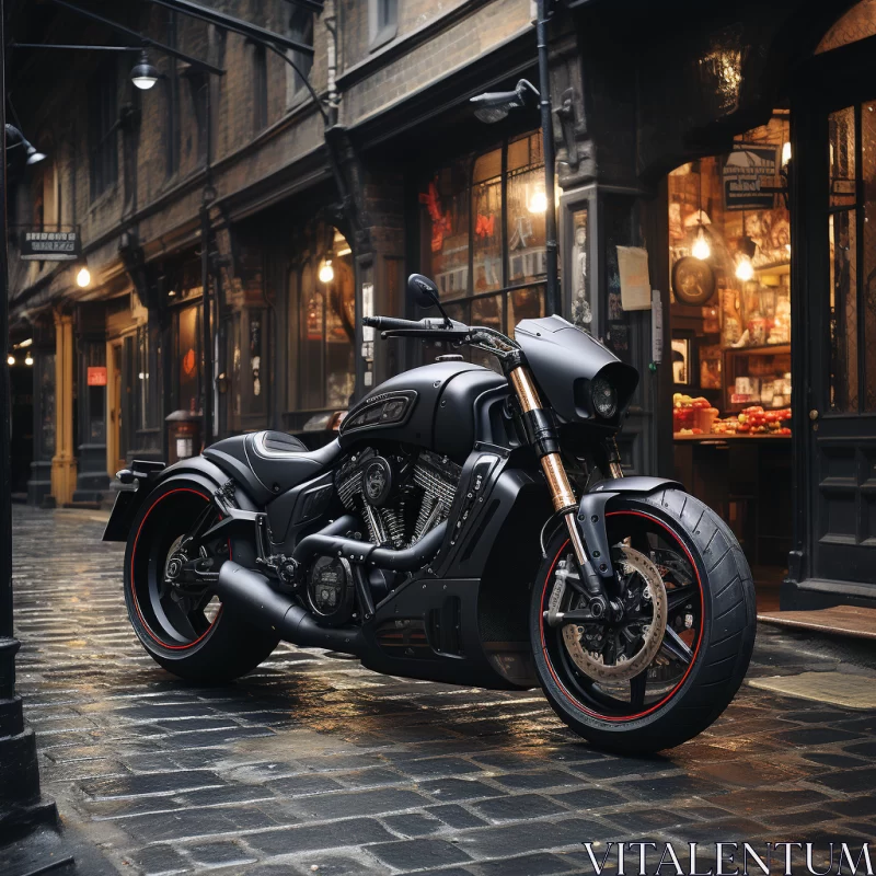 Harley Davidson Motorcycle Parked Outside Urban Gothic Building AI Image