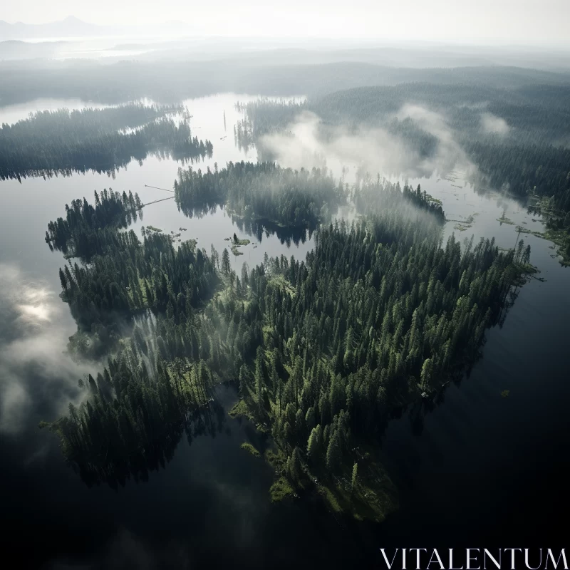 AI ART Aerial View of Misty Forest and Serene Lake