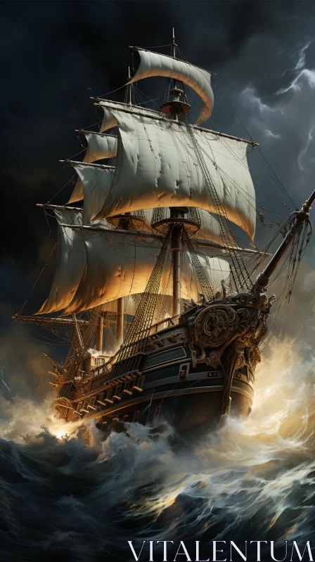 Baroque Pirate Ship Sailing in Tempestuous Sea AI Image