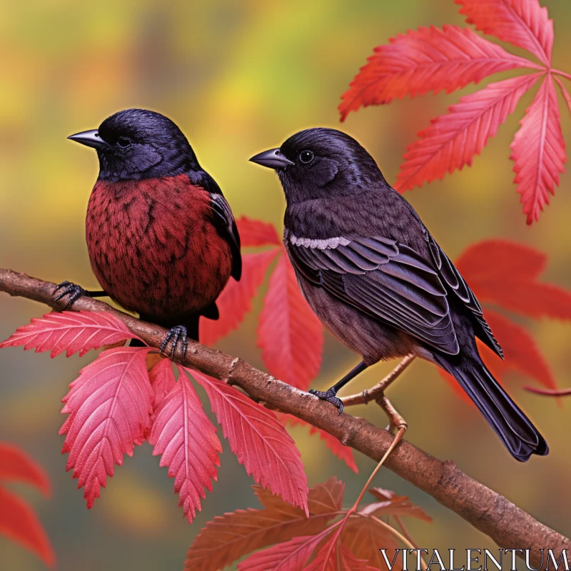 Highly Detailed Foliage Style Image of Two Birds Perched on a Branch with Red and Black Feathers AI Image