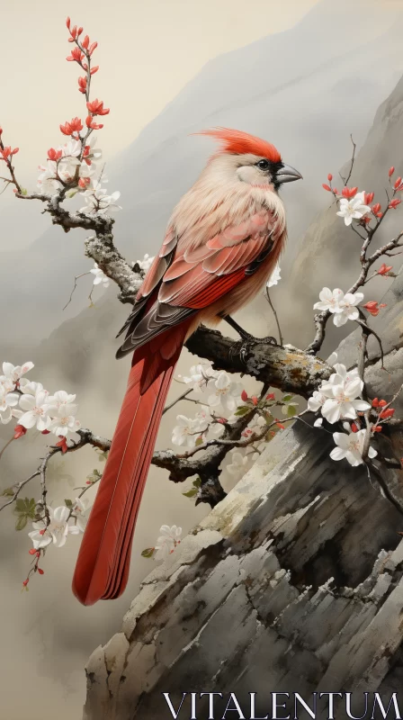 Hyper-realistic UHD painting of a bird with red feathers in a fusion of Eastern brushwork and Himala AI Image